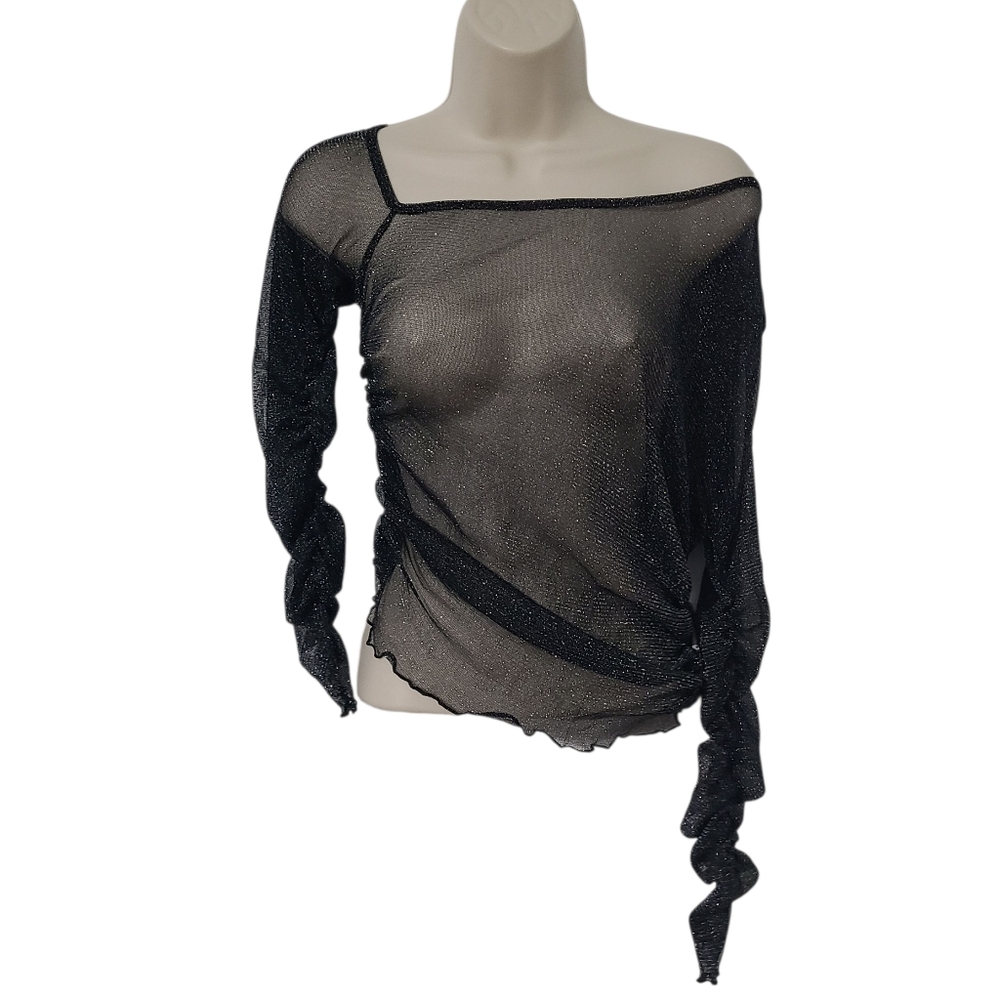 Black Sparkly Mesh Off The Shoulder Top